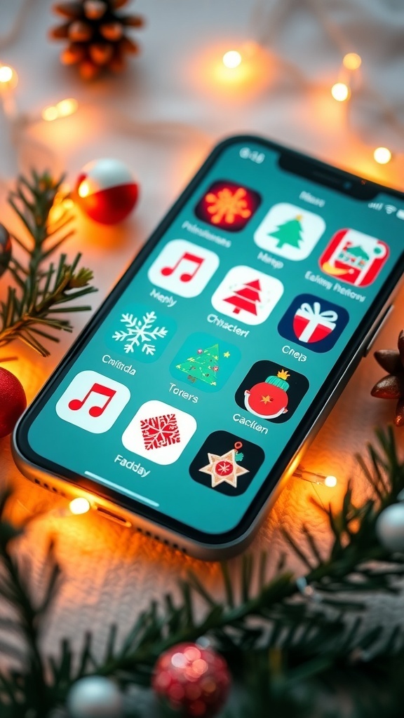 A smartphone screen showcasing Christmas aesthetic app icons with festive designs.